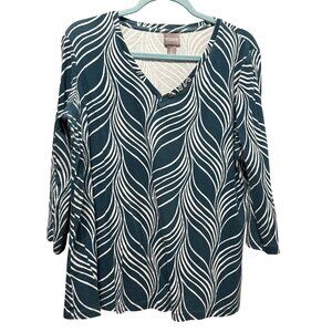 Chicos Womens V-Neck 3/4 Sleeve Top With Button Accent Size 3 Green Leaf Print